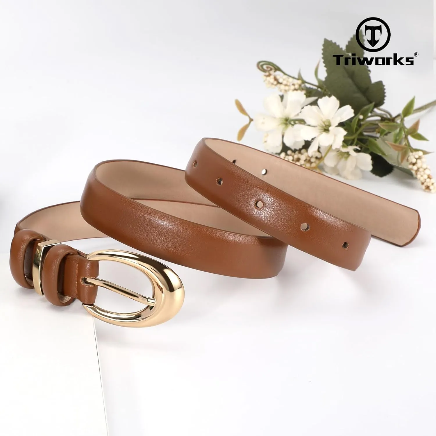 Women Leather Belt for Jeans Pants Fashion Ladies Skinny Faux Leather Dress belt with Gold Buckle