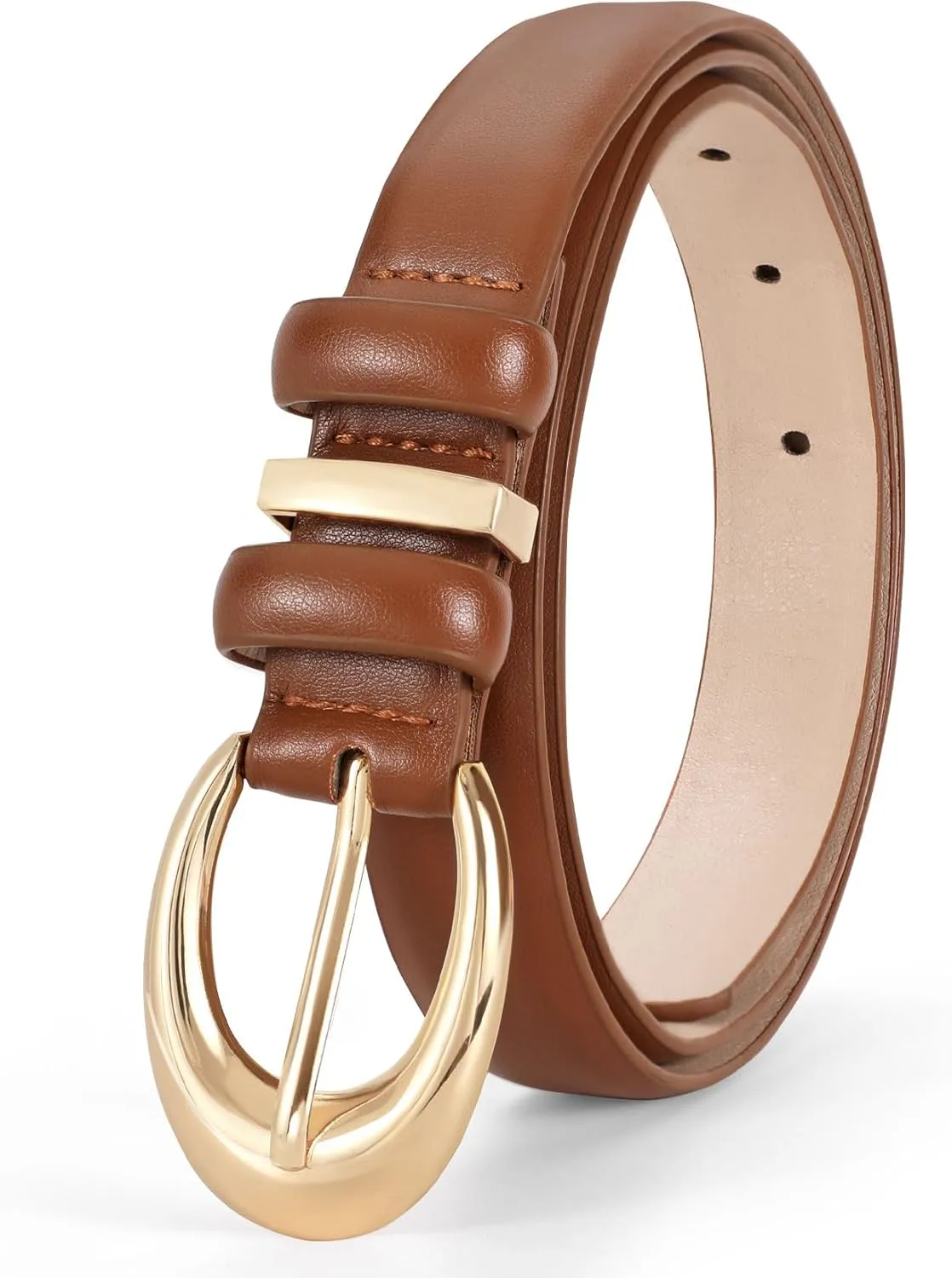Women Leather Belt for Jeans Pants Fashion Ladies Skinny Faux Leather Dress belt with Gold Buckle