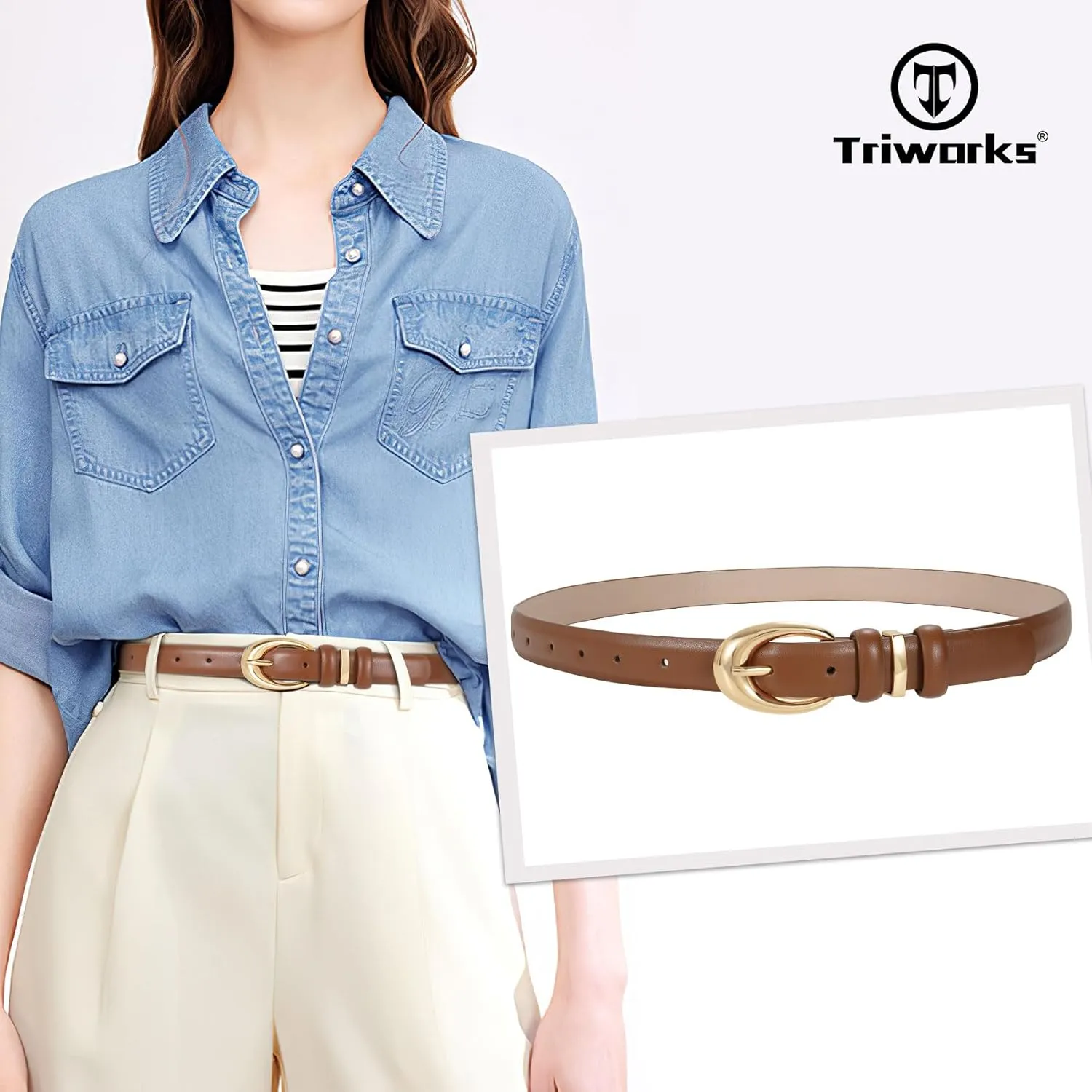 Women Leather Belt for Jeans Pants Fashion Ladies Skinny Faux Leather Dress belt with Gold Buckle
