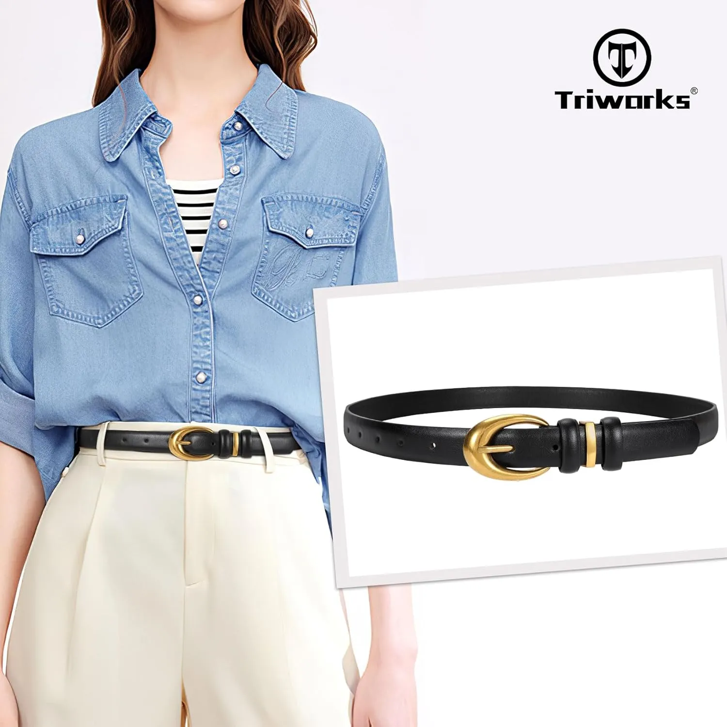 Women Leather Belt for Jeans Pants Fashion Ladies Skinny Faux Leather Dress belt with Gold Buckle