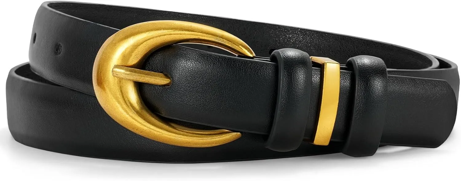 Women Leather Belt for Jeans Pants Fashion Ladies Skinny Faux Leather Dress belt with Gold Buckle