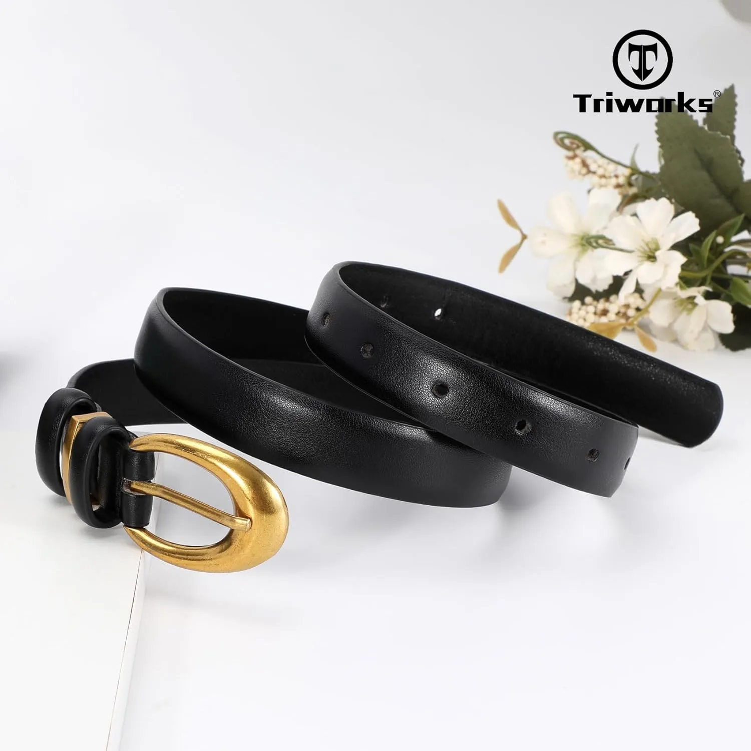 Women Leather Belt for Jeans Pants Fashion Ladies Skinny Faux Leather Dress belt with Gold Buckle
