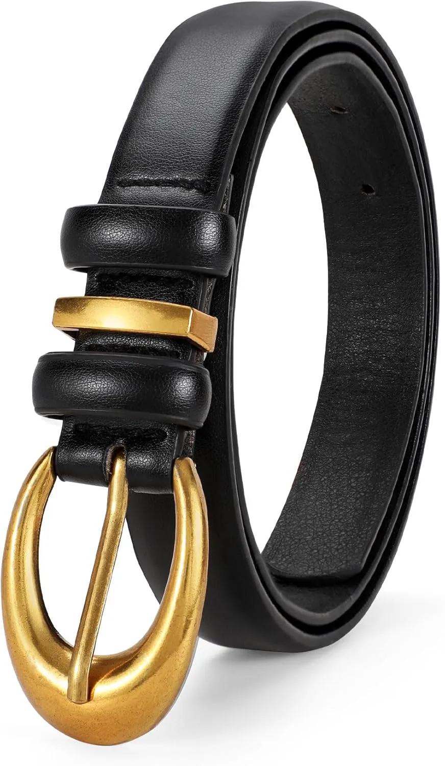 Women Leather Belt for Jeans Pants Fashion Ladies Skinny Faux Leather Dress belt with Gold Buckle