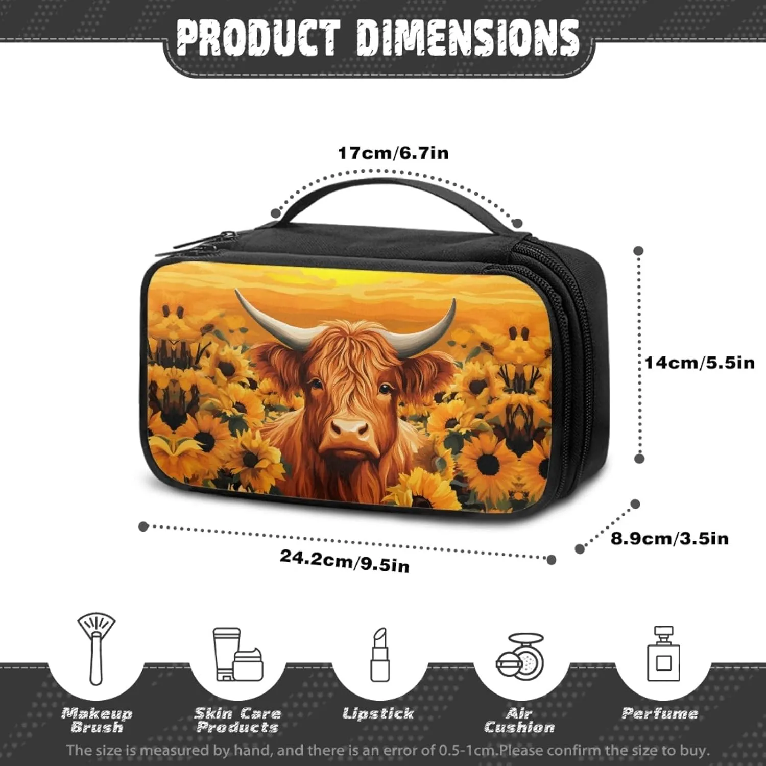 Women Makeup Bag Cattle Sunflower Cosmetic Bag for Ladies Adorable Make Up Bag for Woman Casual Makeup Pouch with Double Layer Women Cosmetics Bag