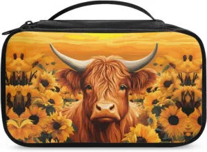 Women Makeup Bag Cattle Sunflower Cosmetic Bag for Ladies Adorable Make Up Bag for Woman Casual Makeup Pouch with Double Layer Women Cosmetics Bag