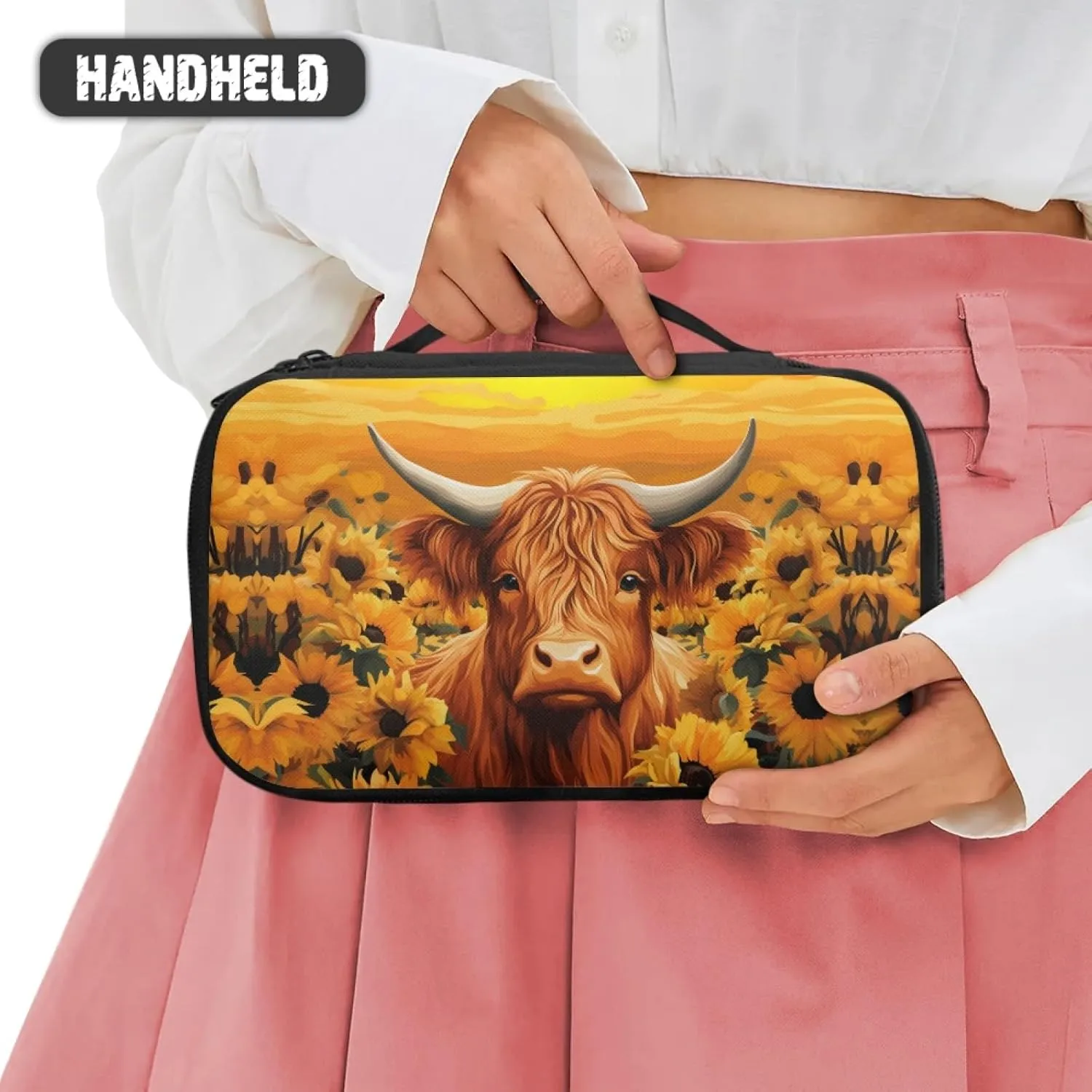 Women Makeup Bag Cattle Sunflower Cosmetic Bag for Ladies Adorable Make Up Bag for Woman Casual Makeup Pouch with Double Layer Women Cosmetics Bag