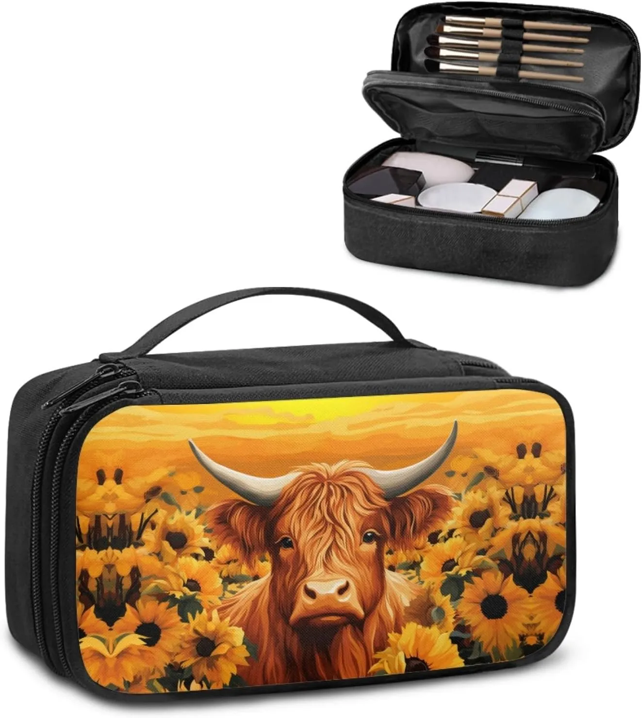 Women Makeup Bag Cattle Sunflower Cosmetic Bag for Ladies Adorable Make Up Bag for Woman Casual Makeup Pouch with Double Layer Women Cosmetics Bag