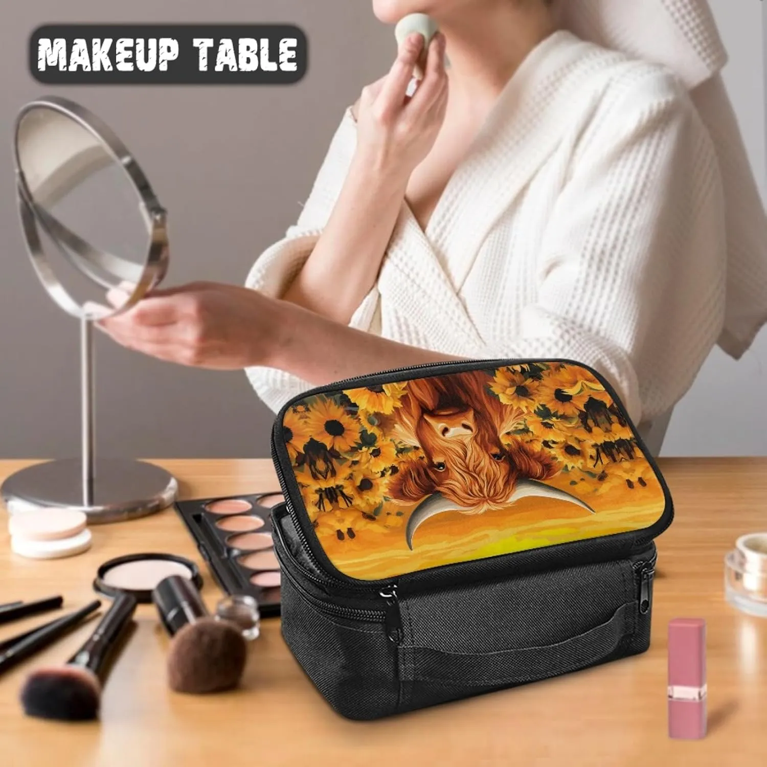 Women Makeup Bag Cattle Sunflower Cosmetic Bag for Ladies Adorable Make Up Bag for Woman Casual Makeup Pouch with Double Layer Women Cosmetics Bag