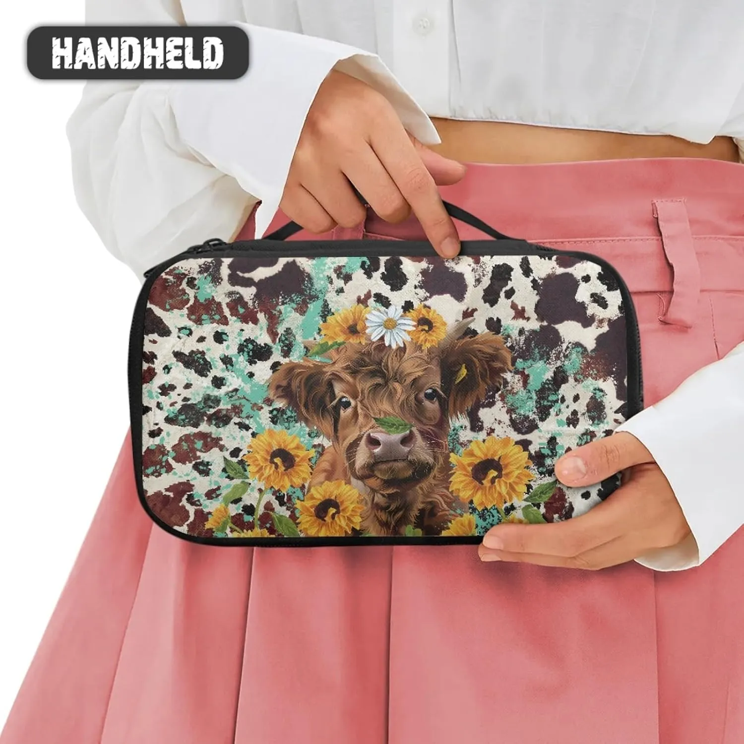 Women Makeup Bag Cattle Sunflower Make Up Bag for Ladies Travel Cosmetic Bag for Woman Aesthetic Skin Care Bag with Hand Strap Women Makeup Pouch for Office Supplies