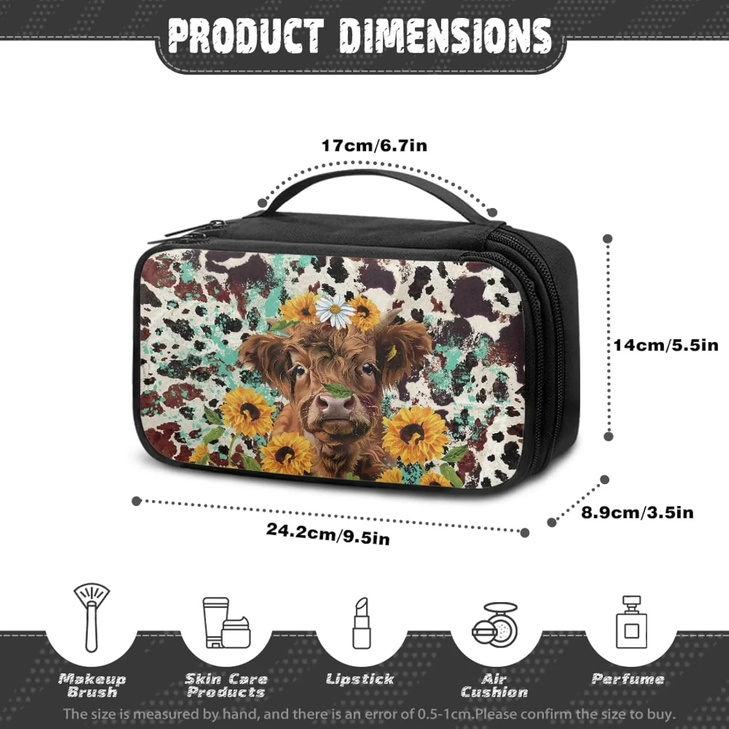 Women Makeup Bag Cattle Sunflower Make Up Bag for Ladies Travel Cosmetic Bag for Woman Aesthetic Skin Care Bag with Hand Strap Women Makeup Pouch for Office Supplies