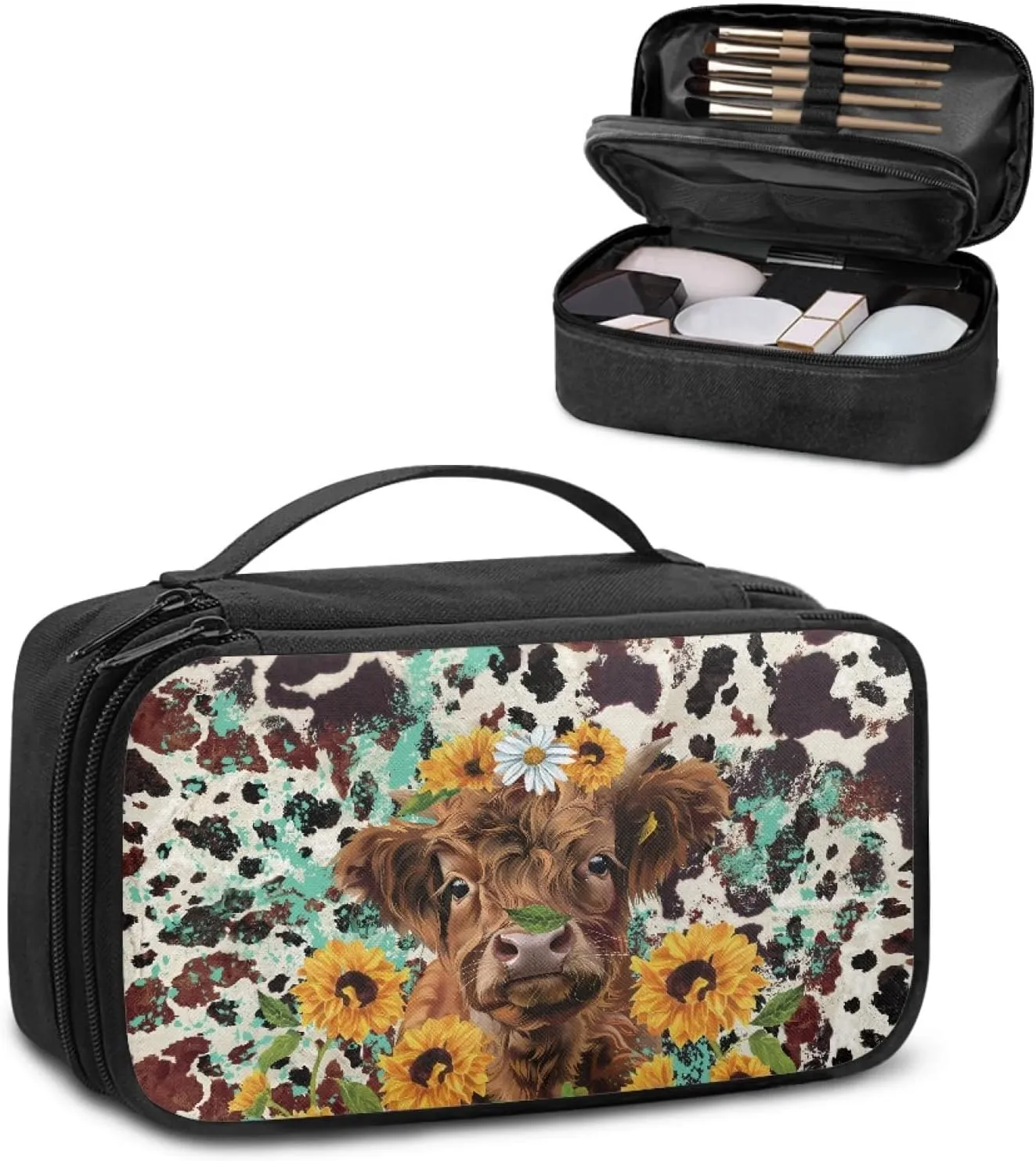Women Makeup Bag Cattle Sunflower Make Up Bag for Ladies Travel Cosmetic Bag for Woman Aesthetic Skin Care Bag with Hand Strap Women Makeup Pouch for Office Supplies