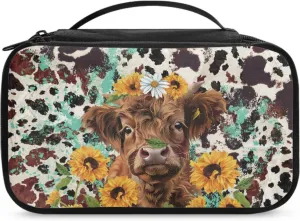 Women Makeup Bag Cattle Sunflower Make Up Bag for Ladies Travel Cosmetic Bag for Woman Aesthetic Skin Care Bag with Hand Strap Women Makeup Pouch for Office Supplies