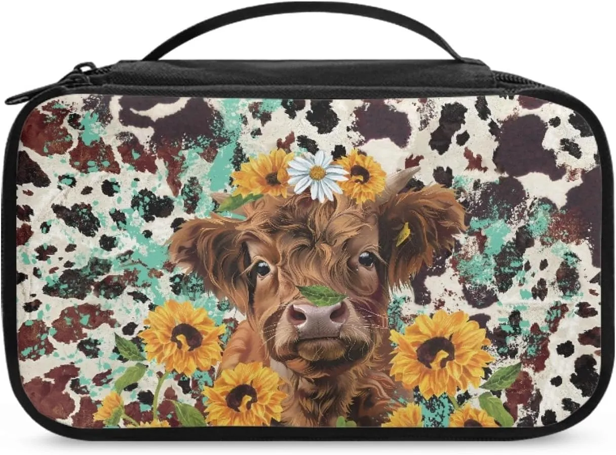 Women Makeup Bag Cattle Sunflower Make Up Bag for Ladies Travel Cosmetic Bag for Woman Aesthetic Skin Care Bag with Hand Strap Women Makeup Pouch for Office Supplies