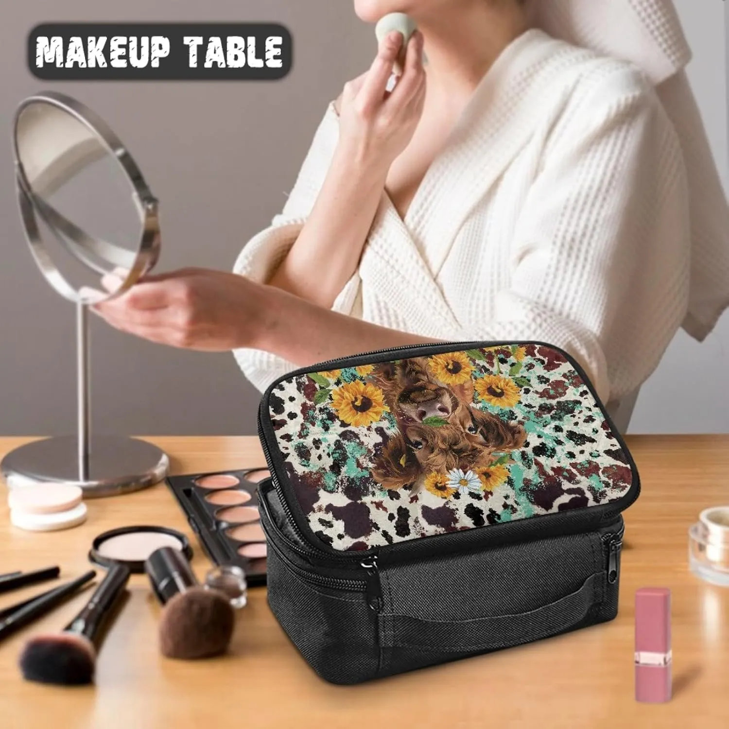Women Makeup Bag Cattle Sunflower Make Up Bag for Ladies Travel Cosmetic Bag for Woman Aesthetic Skin Care Bag with Hand Strap Women Makeup Pouch for Office Supplies