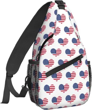 Women Patriotic American Flag Heart Crossbody Sling Backpack for Men Chest Bag Shoulder Bag Lightweight One Strap Backpack Travel Outdoor Daypack