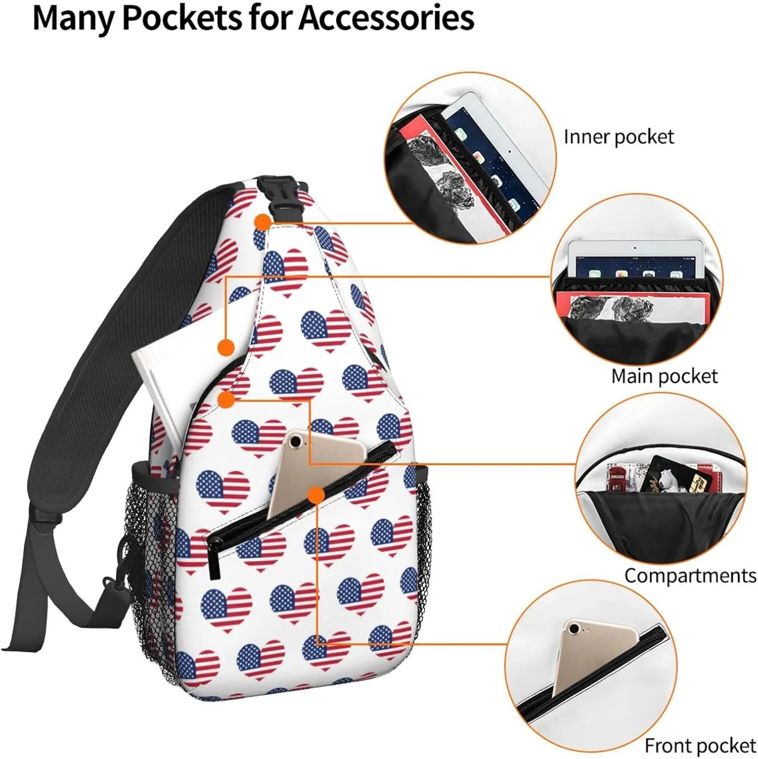 Women Patriotic American Flag Heart Crossbody Sling Backpack for Men Chest Bag Shoulder Bag Lightweight One Strap Backpack Travel Outdoor Daypack