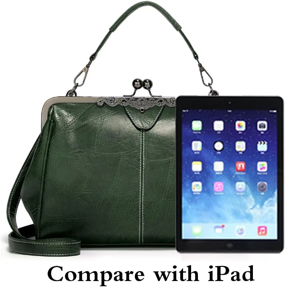 Women Retro Kiss Lock Handbag Purse Oil Wax PU Small Tote Satchels Shoulder Crossbody Bag