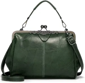 Women Retro Kiss Lock Handbag Purse Oil Wax PU Small Tote Satchels Shoulder Crossbody Bag