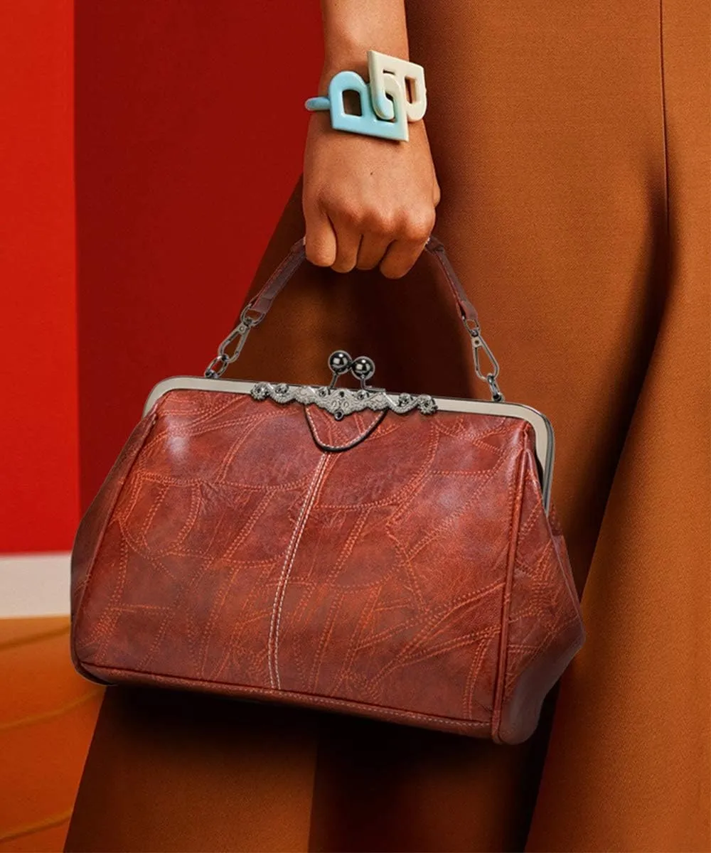 Women Retro Kiss Lock Handbag Purse Oil Wax PU Small Tote Satchels Shoulder Crossbody Bag