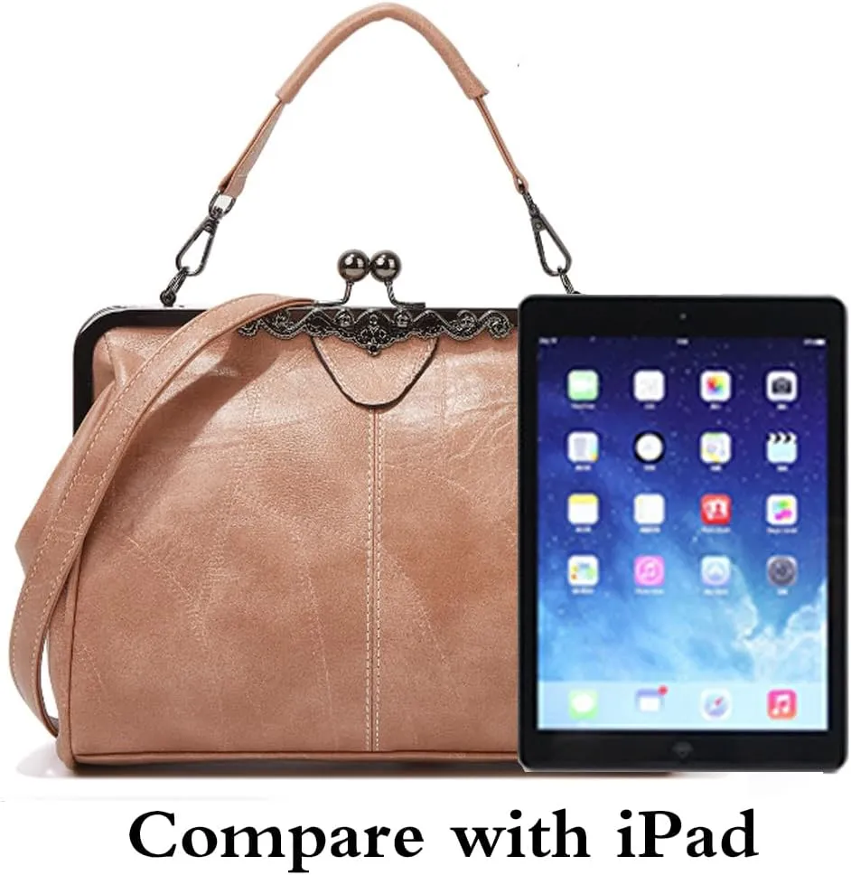 Women Retro Kiss Lock Handbag Purse Oil Wax PU Small Tote Satchels Shoulder Crossbody Bag