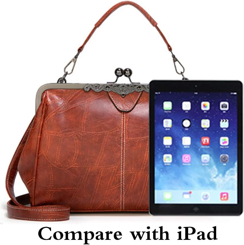 Women Retro Kiss Lock Handbag Purse Oil Wax PU Small Tote Satchels Shoulder Crossbody Bag