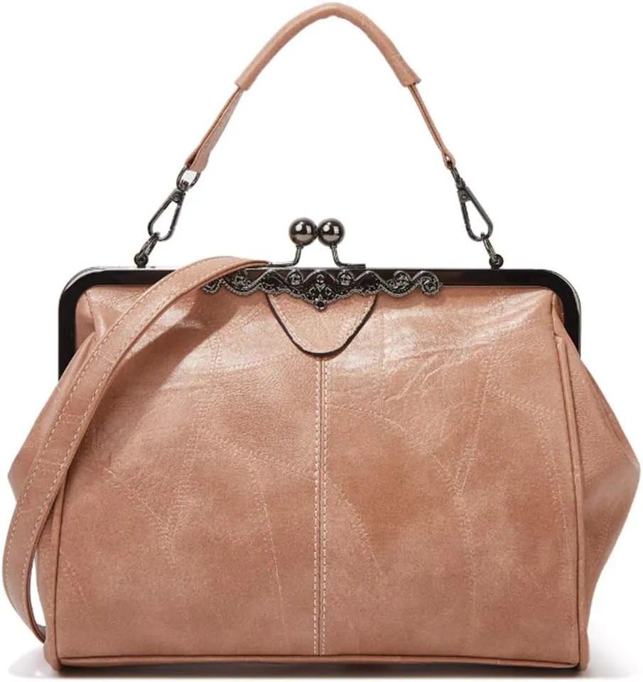 Women Retro Kiss Lock Handbag Purse Oil Wax PU Small Tote Satchels Shoulder Crossbody Bag