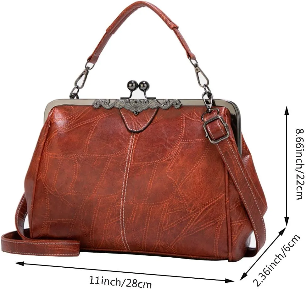 Women Retro Kiss Lock Handbag Purse Oil Wax PU Small Tote Satchels Shoulder Crossbody Bag