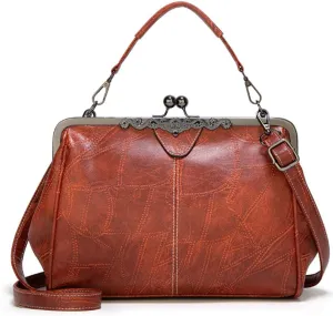 Women Retro Kiss Lock Handbag Purse Oil Wax PU Small Tote Satchels Shoulder Crossbody Bag