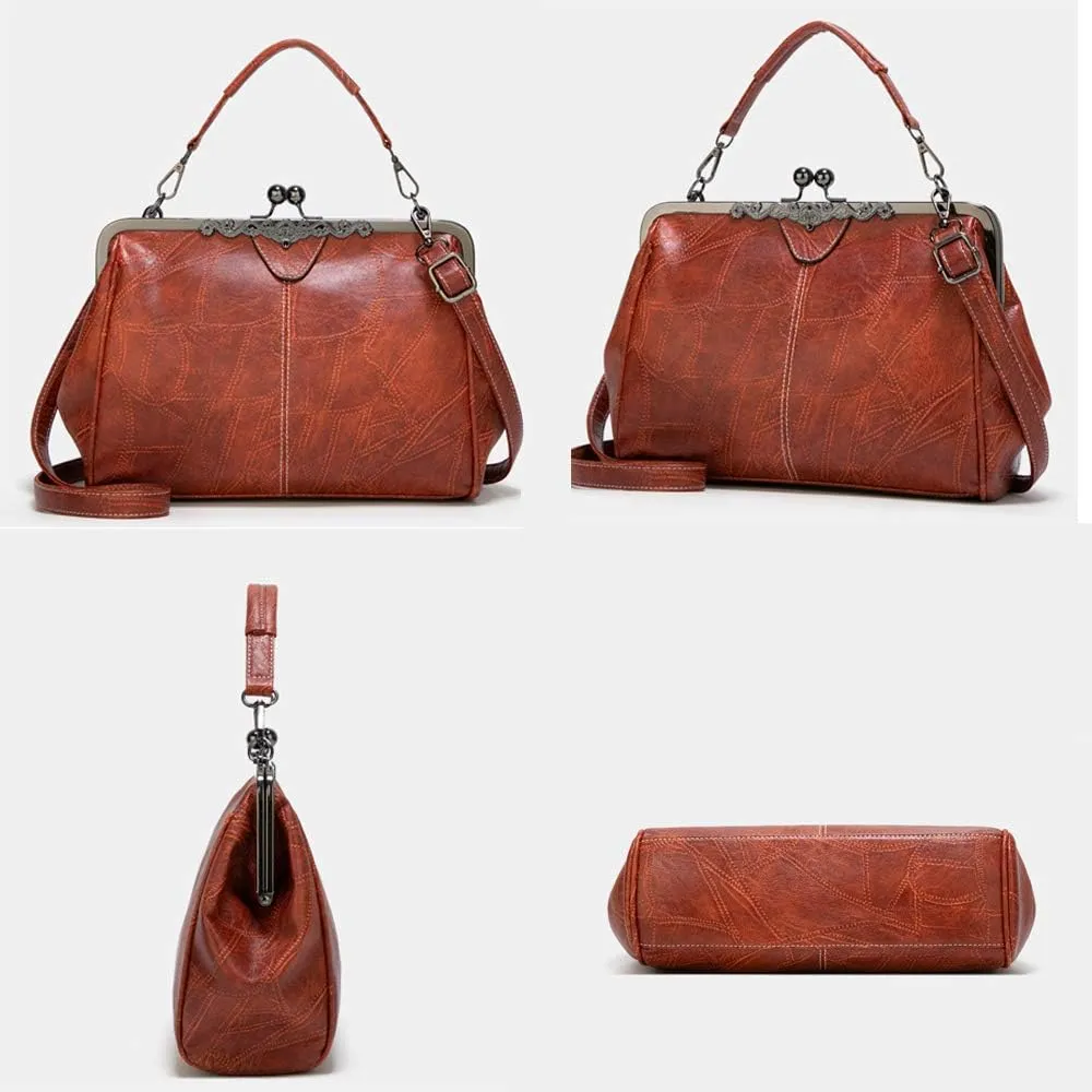 Women Retro Kiss Lock Handbag Purse Oil Wax PU Small Tote Satchels Shoulder Crossbody Bag