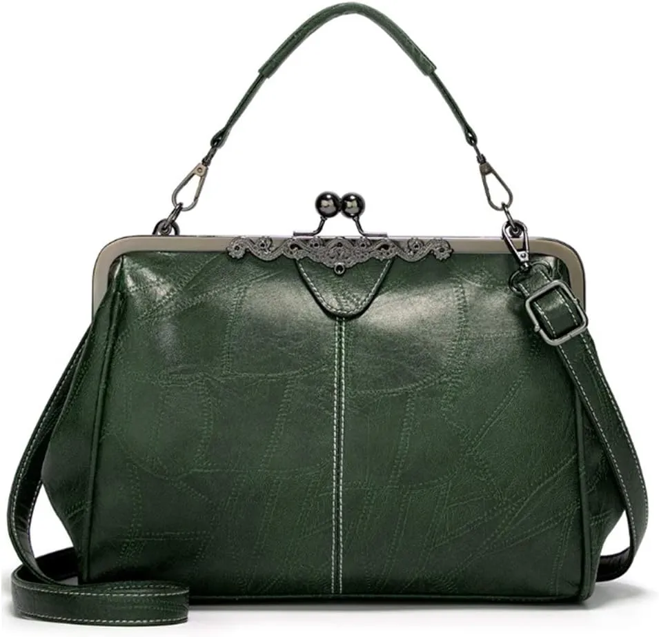 Women Retro Kiss Lock Handbag Purse Oil Wax PU Small Tote Satchels Shoulder Crossbody Bag