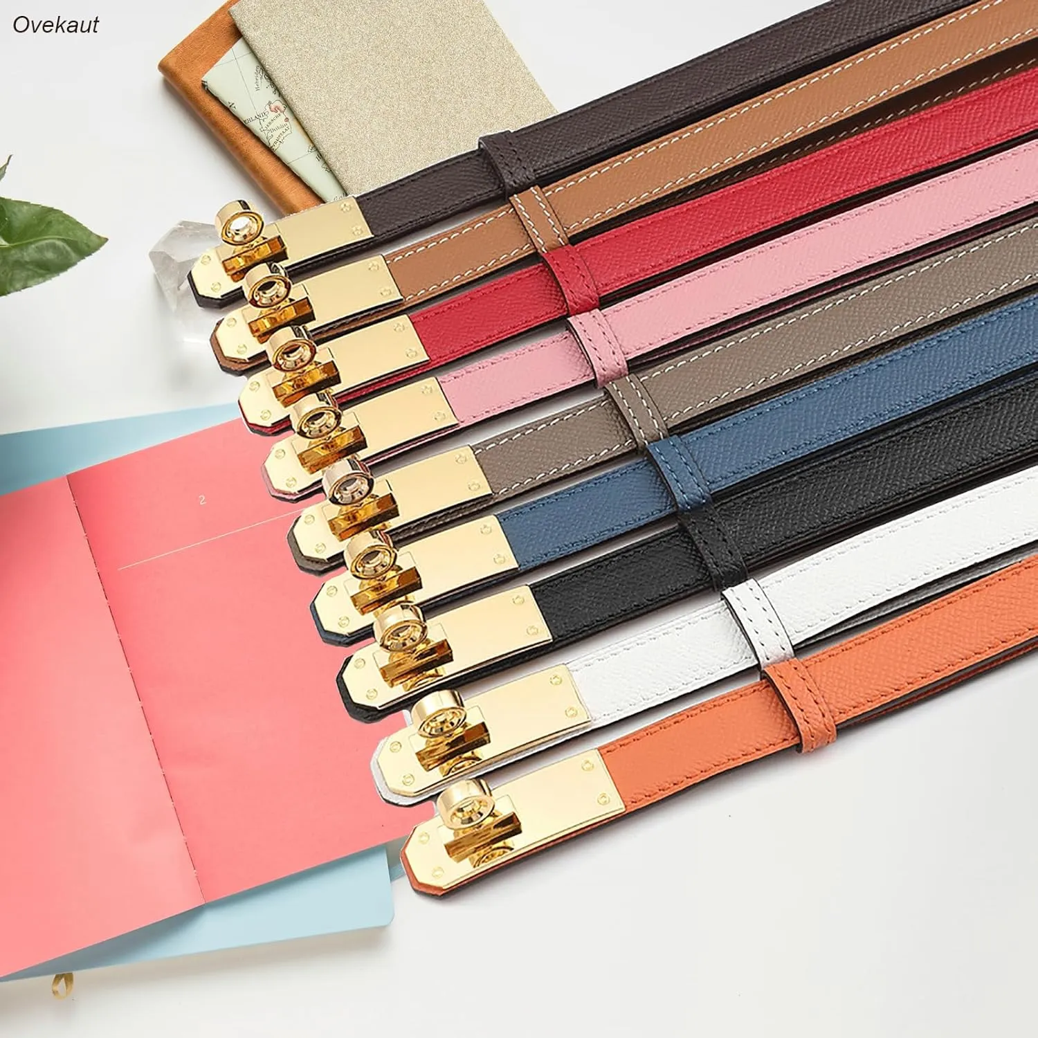 Women Skinny Leather Belt Solid Color Alloy Turn Lock Adjustable Waistband for Dresses Jeans Coats