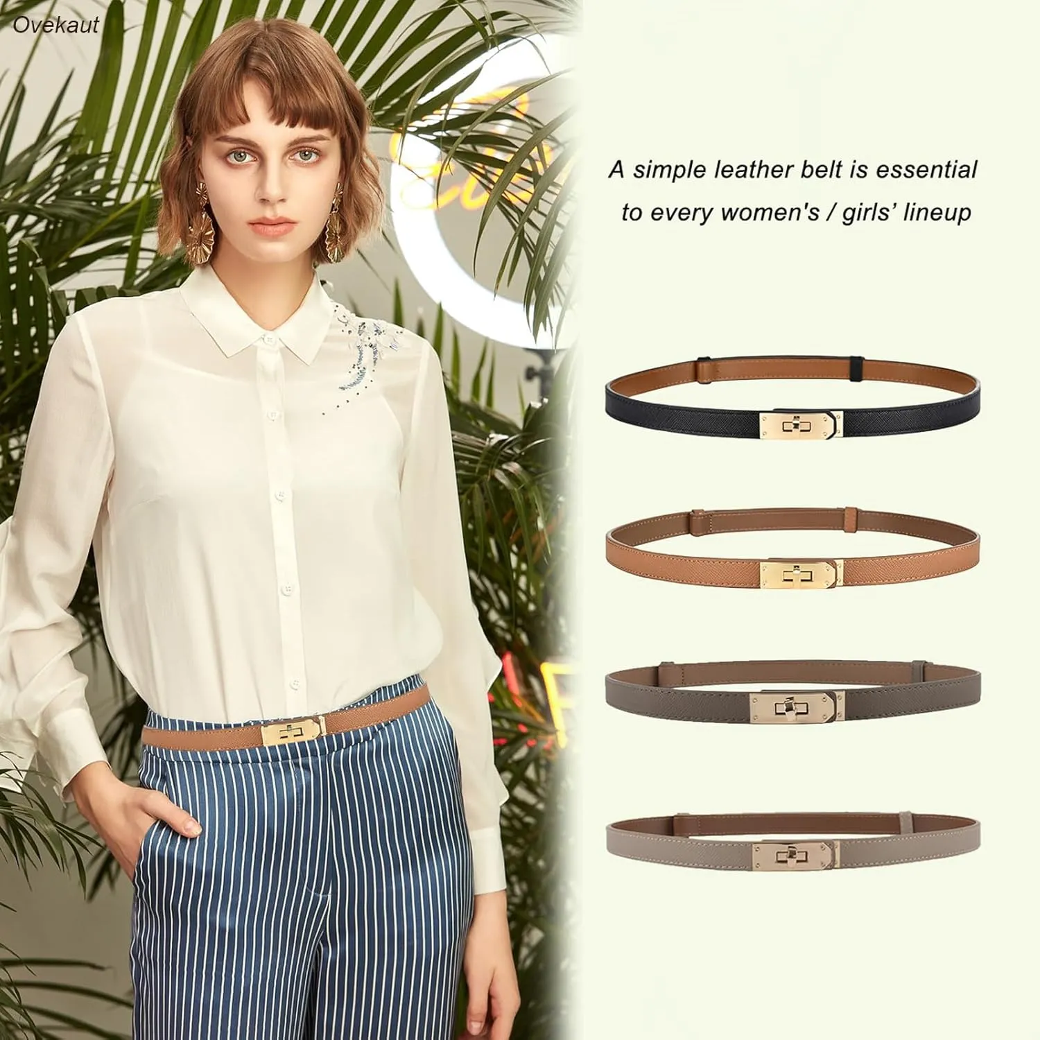 Women Skinny Leather Belt Solid Color Alloy Turn Lock Adjustable Waistband for Dresses Jeans Coats