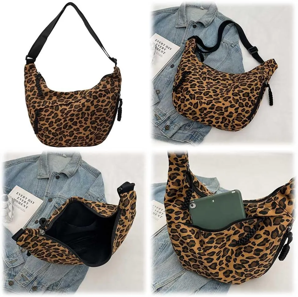 Women Stylish Dumpling Bag Multi-pockets Leopard Print Fashion Shoulder Bag Large Capacity Daily Messenger Bag Adjus