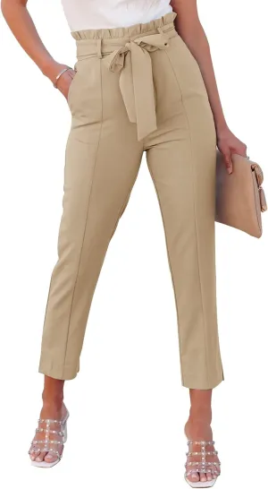 Women’s Casual High Waisted Paper Bag Pants Self Tie Pants Trousers with Pockets