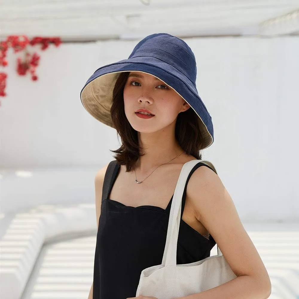 Women's Foldable Flap Cover UV Protective Wide Brim Bucket Cotton Beach Sun Hat Summer Hat