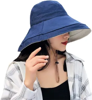 Women's Foldable Flap Cover UV Protective Wide Brim Bucket Cotton Beach Sun Hat Summer Hat