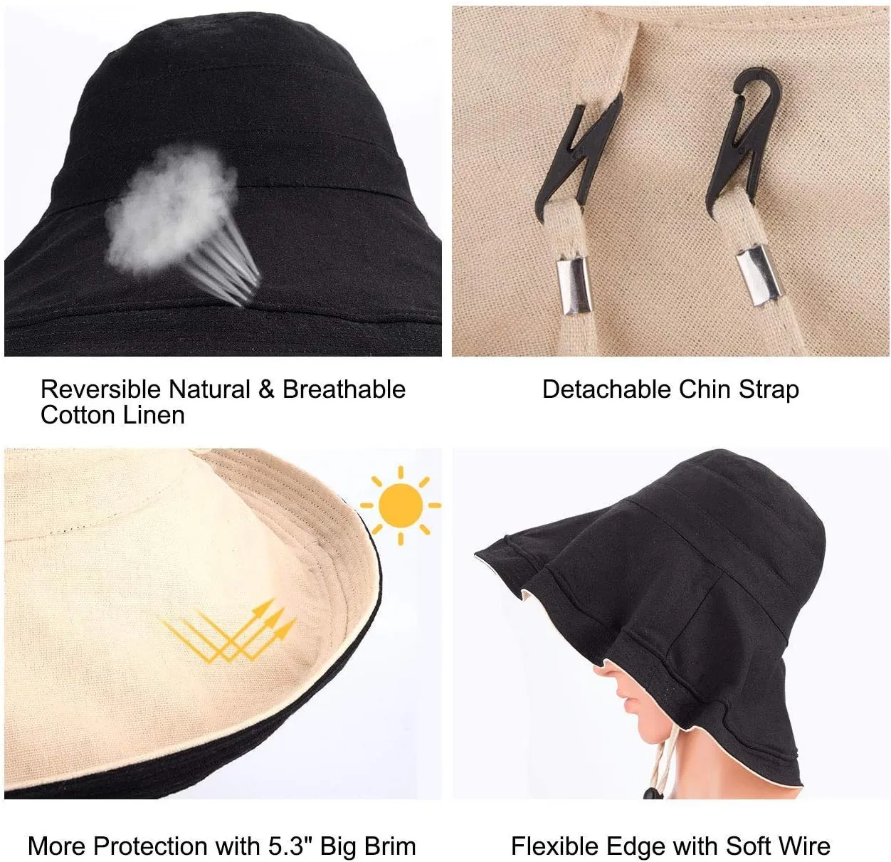 Women's Foldable Flap Cover UV Protective Wide Brim Bucket Cotton Beach Sun Hat Summer Hat