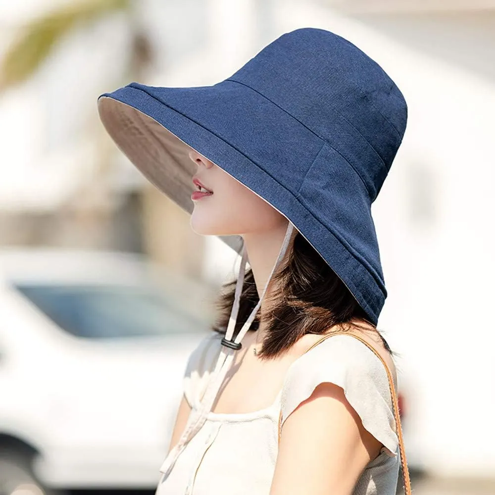 Women's Foldable Flap Cover UV Protective Wide Brim Bucket Cotton Beach Sun Hat Summer Hat
