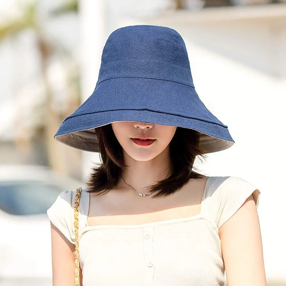 Women's Foldable Flap Cover UV Protective Wide Brim Bucket Cotton Beach Sun Hat Summer Hat