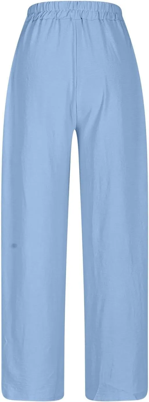Women's High Waist Elastic Waist Lounge Pant Solid Color Cotton Linen Casual Pant Lightweight Thin Beach Trousers