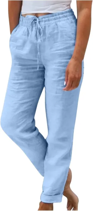 Women's High Waist Elastic Waist Lounge Pant Solid Color Cotton Linen Casual Pant Lightweight Thin Beach Trousers