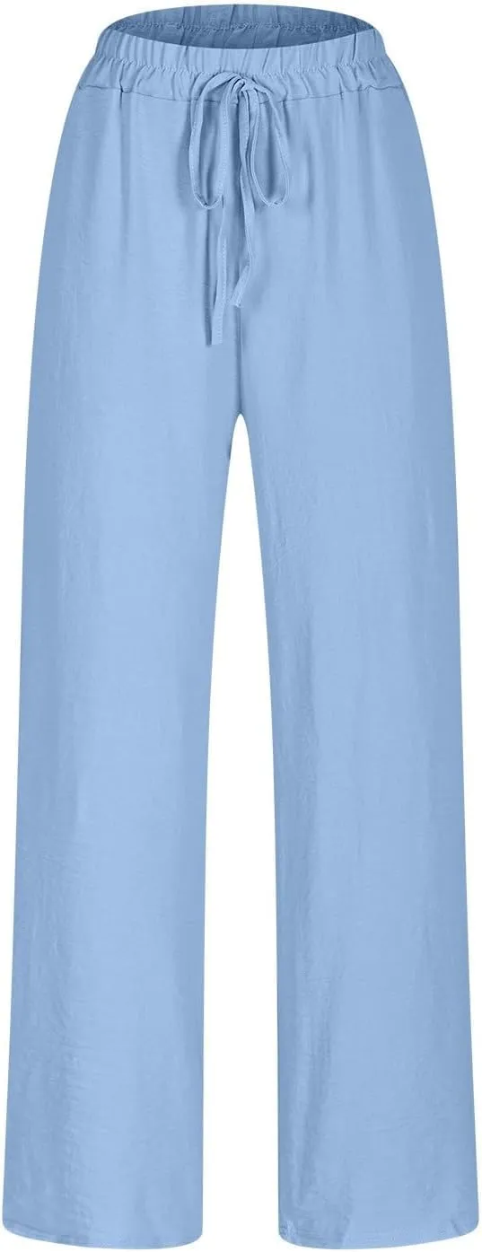 Women's High Waist Elastic Waist Lounge Pant Solid Color Cotton Linen Casual Pant Lightweight Thin Beach Trousers