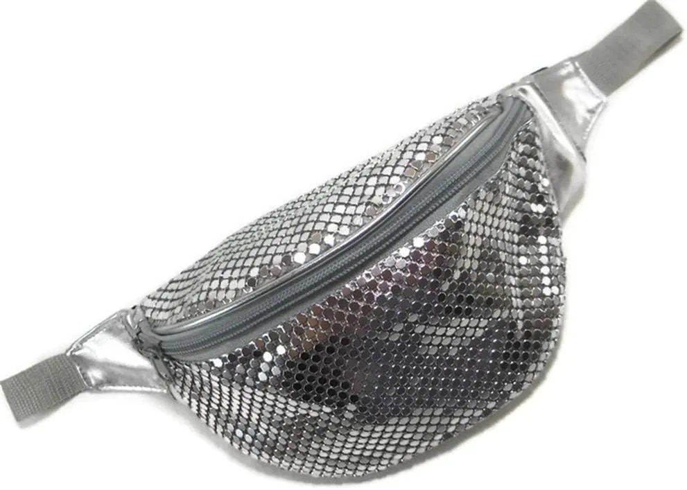 Women's Metal Mesh Fanny Pack Shiny Rave Waist Bag Adjustable Belt for Festival Party or Daily Use(Silver)