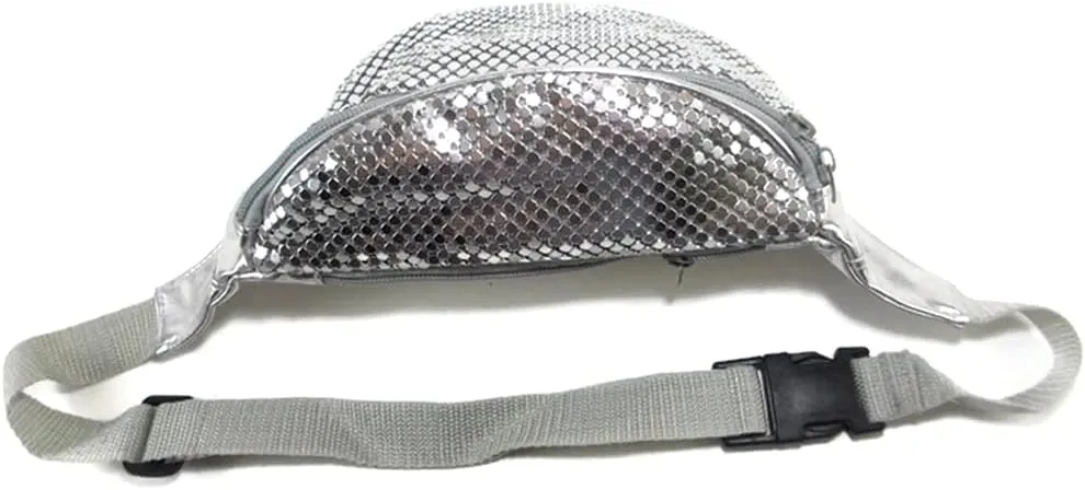 Women's Metal Mesh Fanny Pack Shiny Rave Waist Bag Adjustable Belt for Festival Party or Daily Use(Silver)