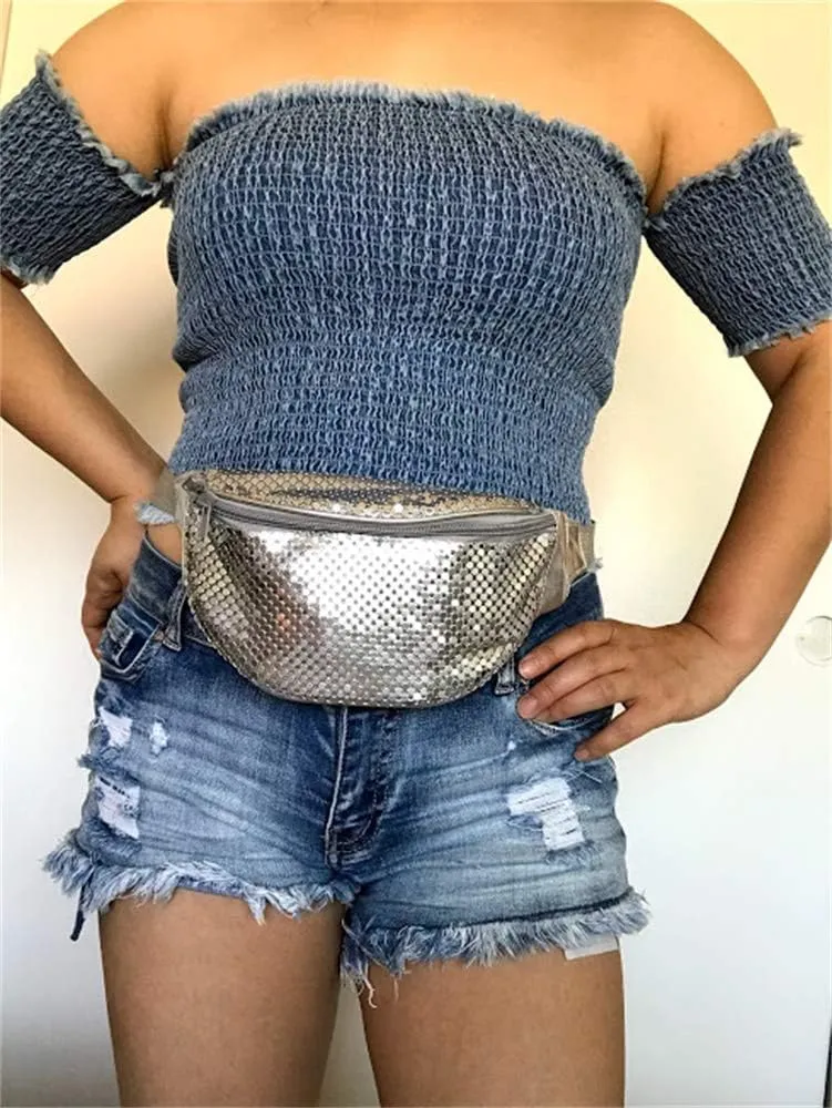 Women's Metal Mesh Fanny Pack Shiny Rave Waist Bag Adjustable Belt for Festival Party or Daily Use(Silver)