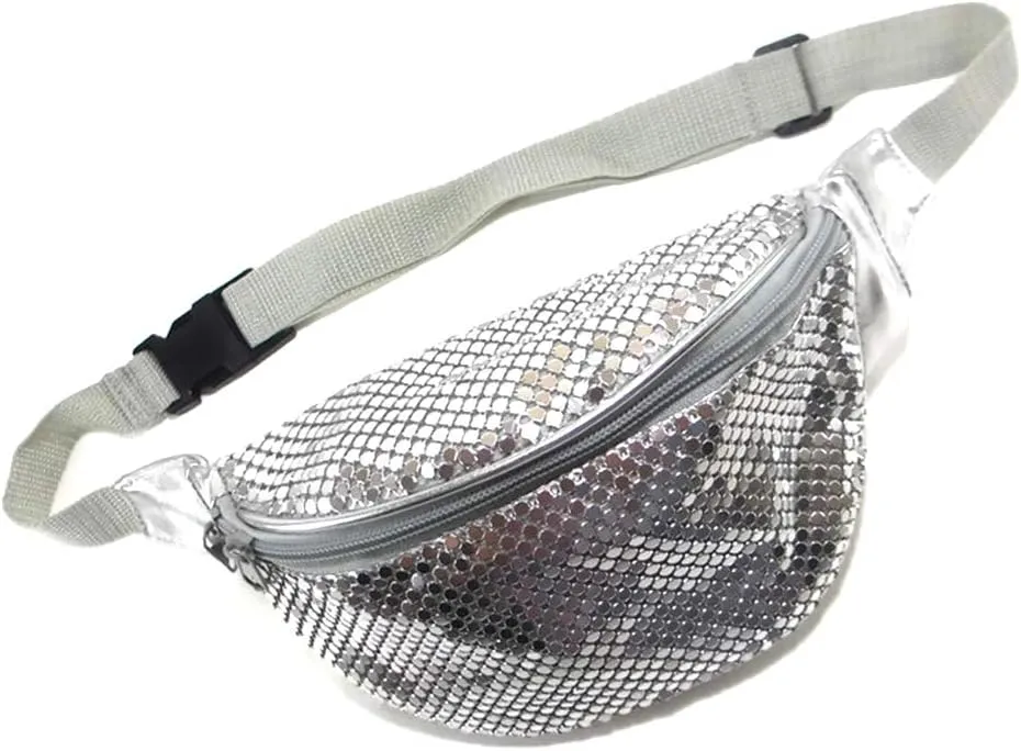 Women's Metal Mesh Fanny Pack Shiny Rave Waist Bag Adjustable Belt for Festival Party or Daily Use(Silver)