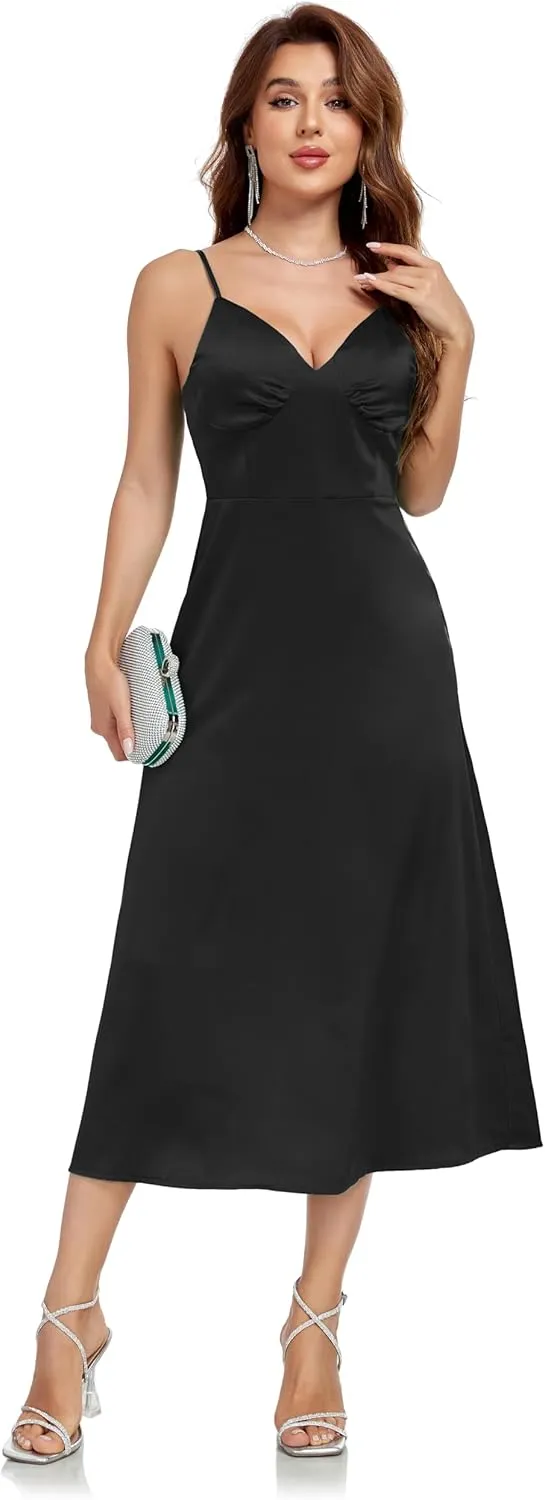 Womens Midi Satin Silk Spaghetti Strap Dresses Slip V Neck Cocktail Casual Party Sexy Dress