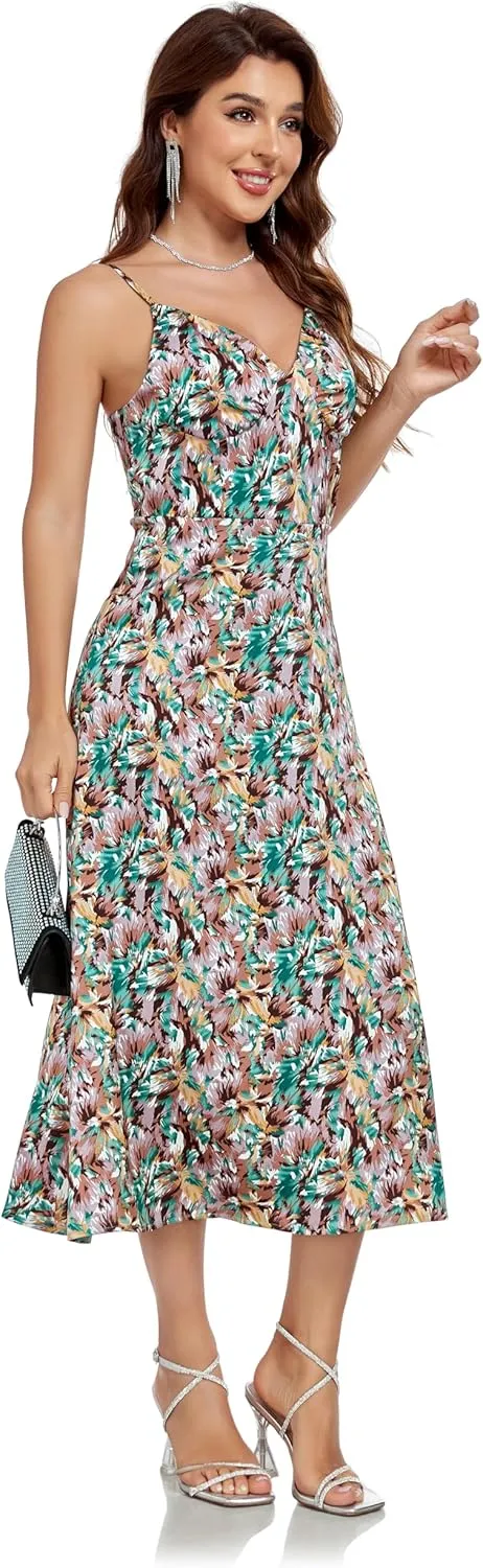 Womens Midi Satin Silk Spaghetti Strap Dresses Slip V Neck Cocktail Casual Party Sexy Dress