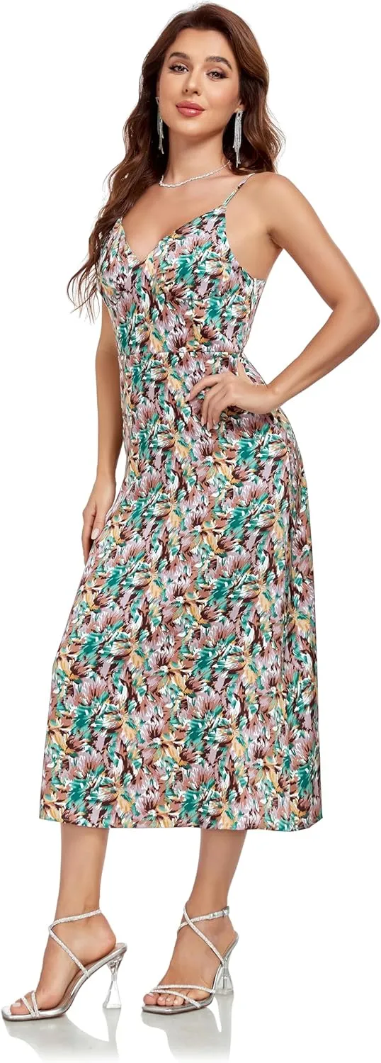 Womens Midi Satin Silk Spaghetti Strap Dresses Slip V Neck Cocktail Casual Party Sexy Dress
