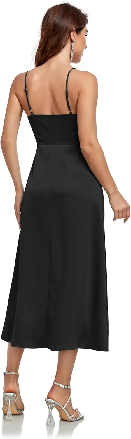 Womens Midi Satin Silk Spaghetti Strap Dresses Slip V Neck Cocktail Casual Party Sexy Dress